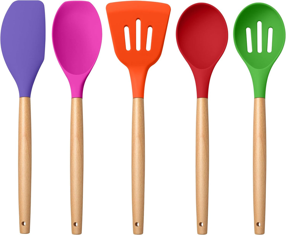 Silicone Cooking Utensils Set, 10-Piece Heat Resistant Kitchen Utensils Set with Wooden Handle for Nonstick Cookware, Kitchen Nonstick Tools Spatula Whisk Tongs Ladle, Non-toxic & Healthy(Khaki)