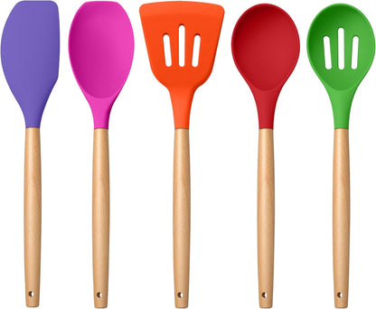 Silicone Cooking Utensils Set, 10-Piece Heat Resistant Kitchen Utensils Set with Wooden Handle for Nonstick Cookware, Kitchen Nonstick Tools Spatula Whisk Tongs Ladle, Non-toxic & Healthy(Khaki)