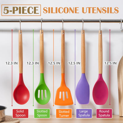 Silicone Cooking Utensils Set, 10-Piece Heat Resistant Kitchen Utensils Set with Wooden Handle for Nonstick Cookware, Kitchen Nonstick Tools Spatula Whisk Tongs Ladle, Non-toxic & Healthy(Khaki)