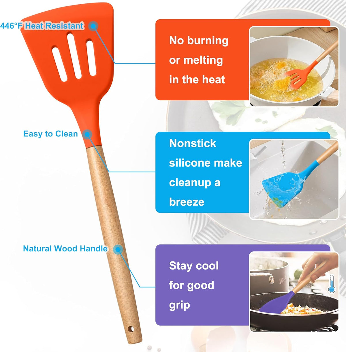 Silicone Cooking Utensils Set, 10-Piece Heat Resistant Kitchen Utensils Set with Wooden Handle for Nonstick Cookware, Kitchen Nonstick Tools Spatula Whisk Tongs Ladle, Non-toxic & Healthy(Khaki)