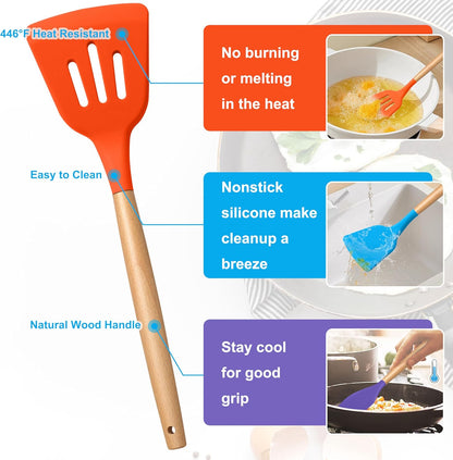Silicone Cooking Utensils Set, 10-Piece Heat Resistant Kitchen Utensils Set with Wooden Handle for Nonstick Cookware, Kitchen Nonstick Tools Spatula Whisk Tongs Ladle, Non-toxic & Healthy(Khaki)