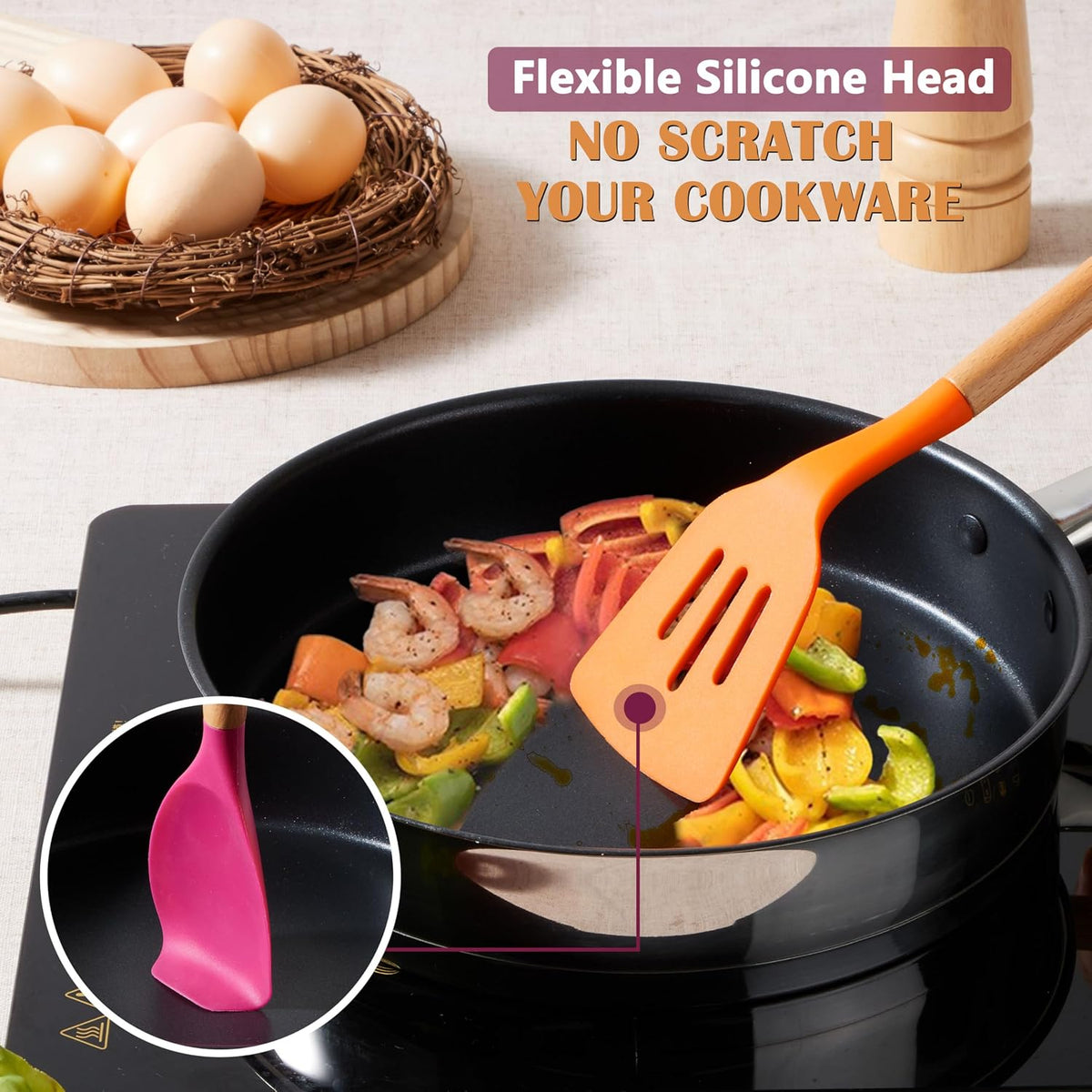 Silicone Cooking Utensils Set, 10-Piece Heat Resistant Kitchen Utensils Set with Wooden Handle for Nonstick Cookware, Kitchen Nonstick Tools Spatula Whisk Tongs Ladle, Non-toxic & Healthy(Khaki)