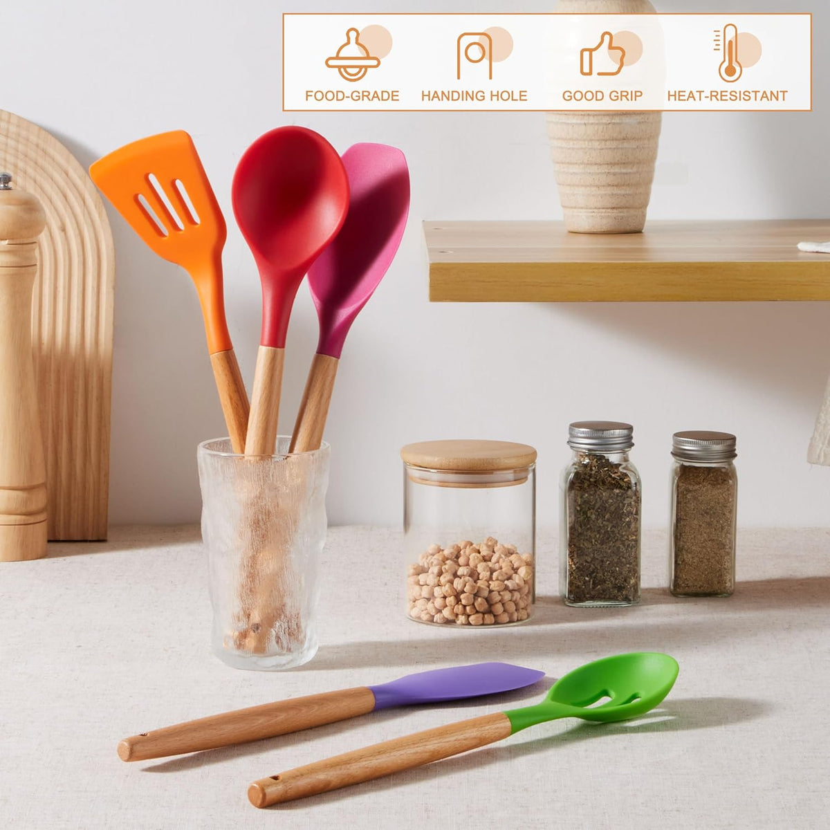 Silicone Cooking Utensils Set, 10-Piece Heat Resistant Kitchen Utensils Set with Wooden Handle for Nonstick Cookware, Kitchen Nonstick Tools Spatula Whisk Tongs Ladle, Non-toxic & Healthy(Khaki)