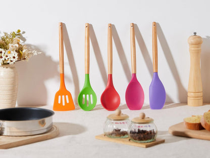 Silicone Cooking Utensils Set, 10-Piece Heat Resistant Kitchen Utensils Set with Wooden Handle for Nonstick Cookware, Kitchen Nonstick Tools Spatula Whisk Tongs Ladle, Non-toxic & Healthy(Khaki)