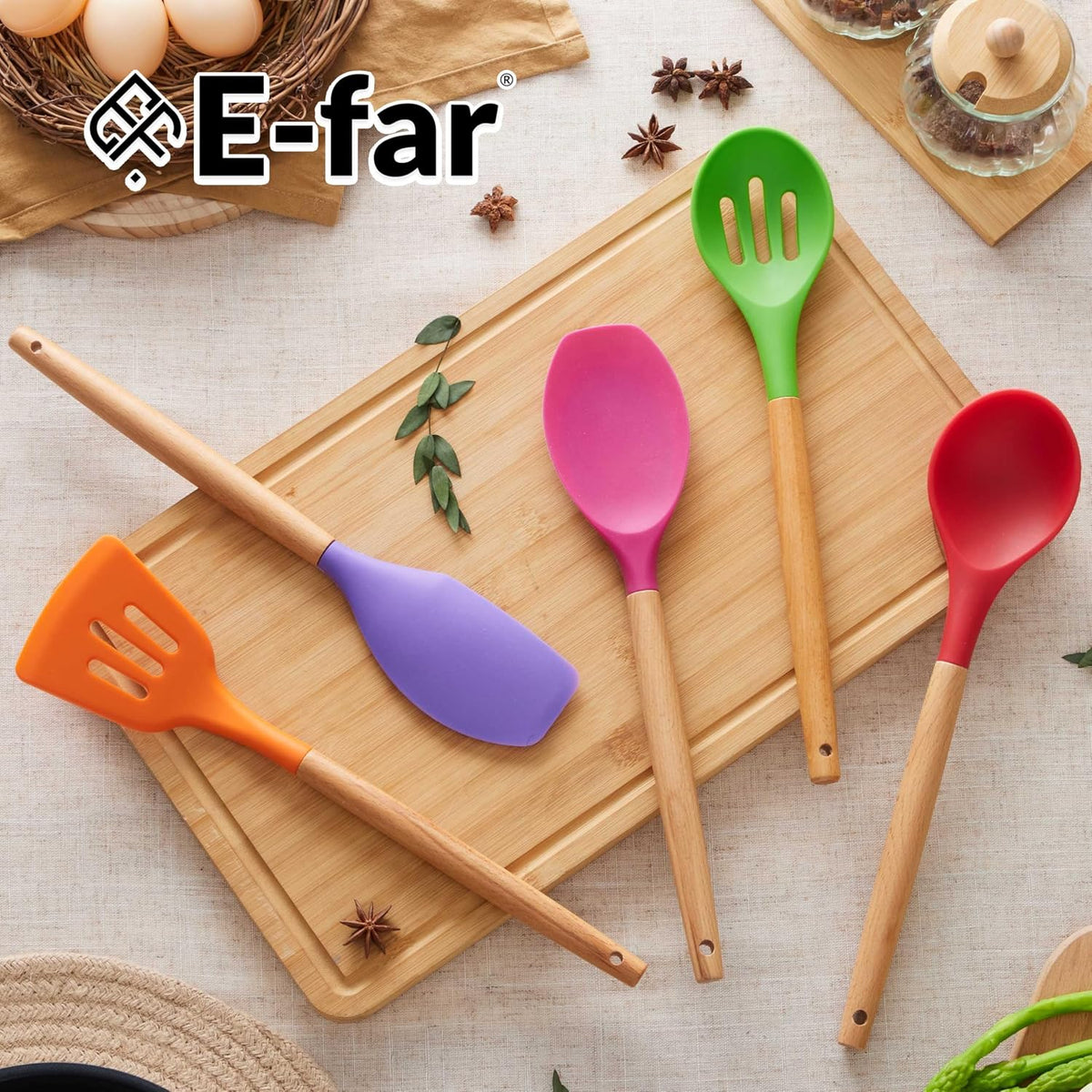 Silicone Cooking Utensils Set, 10-Piece Heat Resistant Kitchen Utensils Set with Wooden Handle for Nonstick Cookware, Kitchen Nonstick Tools Spatula Whisk Tongs Ladle, Non-toxic & Healthy(Khaki)