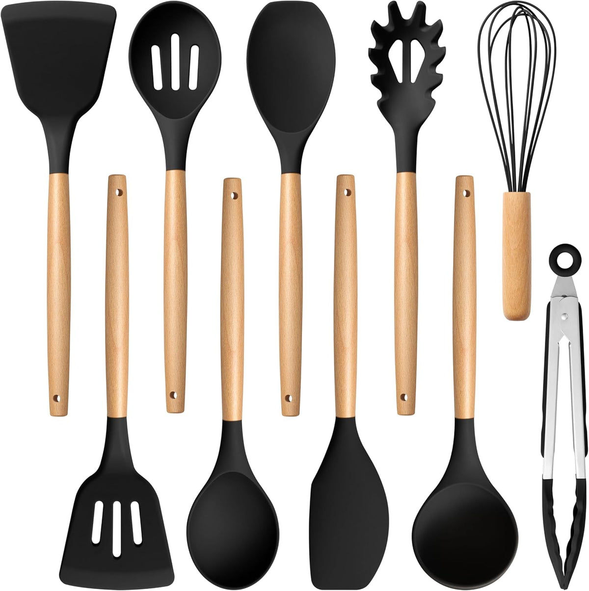Silicone Cooking Utensils Set, 10-Piece Heat Resistant Kitchen Utensils Set with Wooden Handle for Nonstick Cookware, Kitchen Nonstick Tools Spatula Whisk Tongs Ladle, Non-toxic & Healthy(Khaki)