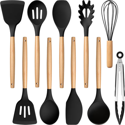 Silicone Cooking Utensils Set, 10-Piece Heat Resistant Kitchen Utensils Set with Wooden Handle for Nonstick Cookware, Kitchen Nonstick Tools Spatula Whisk Tongs Ladle, Non-toxic & Healthy(Khaki)