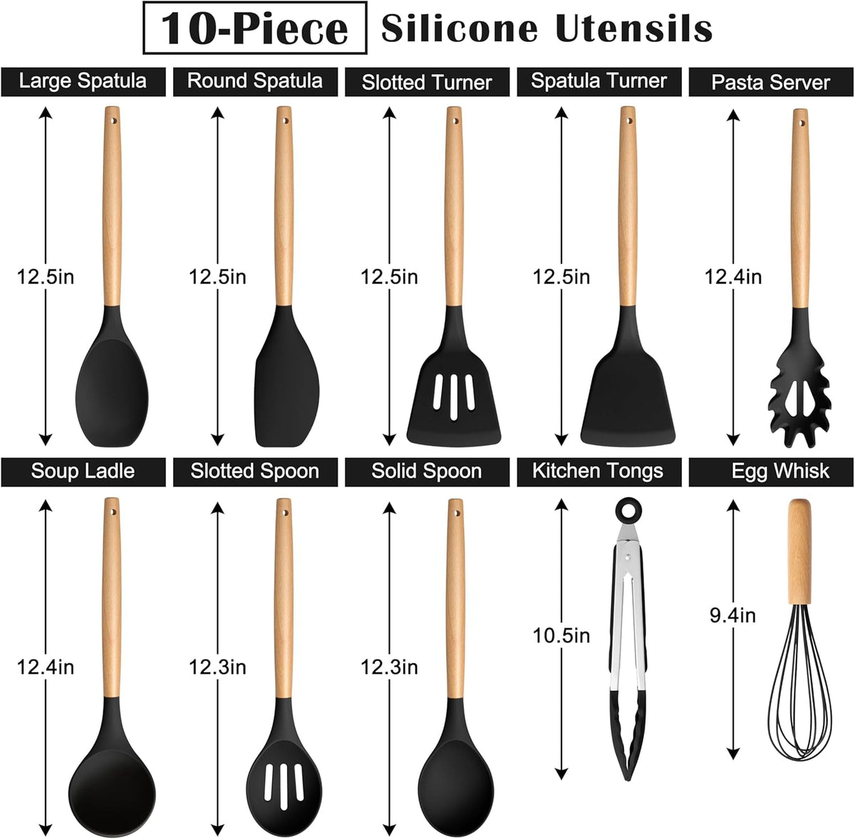 Silicone Cooking Utensils Set, 10-Piece Heat Resistant Kitchen Utensils Set with Wooden Handle for Nonstick Cookware, Kitchen Nonstick Tools Spatula Whisk Tongs Ladle, Non-toxic & Healthy(Khaki)