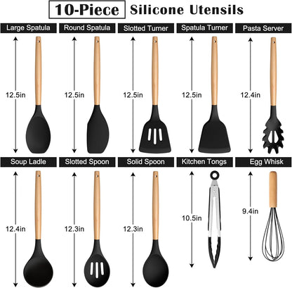 Silicone Cooking Utensils Set, 10-Piece Heat Resistant Kitchen Utensils Set with Wooden Handle for Nonstick Cookware, Kitchen Nonstick Tools Spatula Whisk Tongs Ladle, Non-toxic & Healthy(Khaki)
