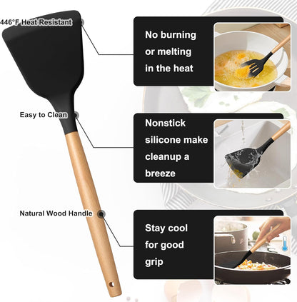 Silicone Cooking Utensils Set, 10-Piece Heat Resistant Kitchen Utensils Set with Wooden Handle for Nonstick Cookware, Kitchen Nonstick Tools Spatula Whisk Tongs Ladle, Non-toxic & Healthy(Khaki)