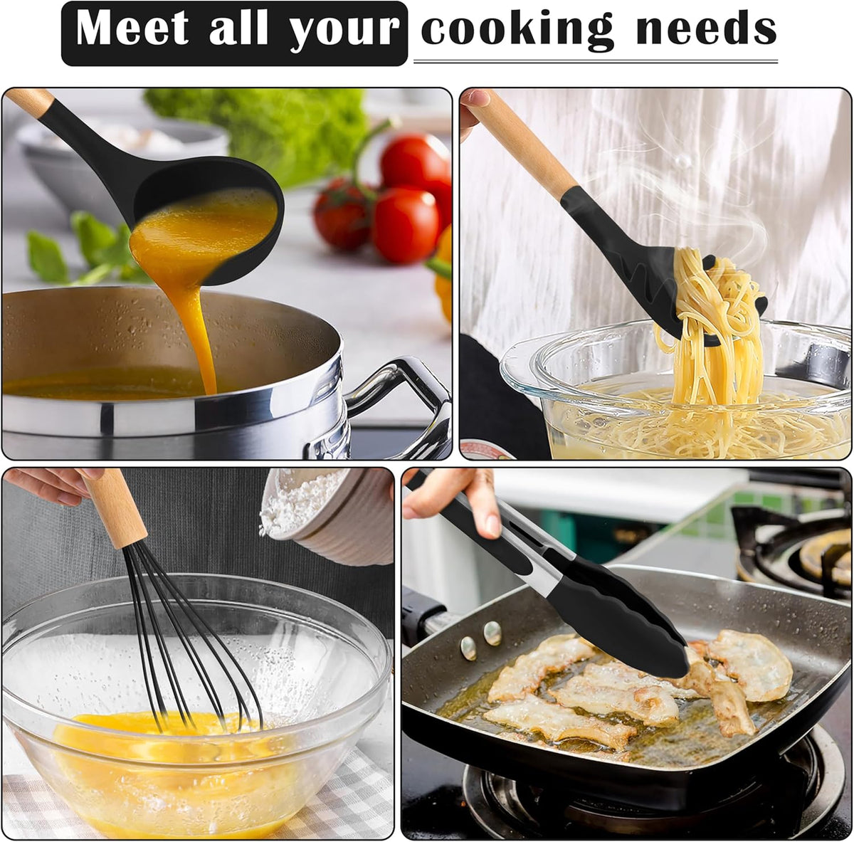 Silicone Cooking Utensils Set, 10-Piece Heat Resistant Kitchen Utensils Set with Wooden Handle for Nonstick Cookware, Kitchen Nonstick Tools Spatula Whisk Tongs Ladle, Non-toxic & Healthy(Khaki)