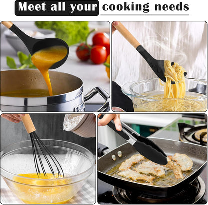 Silicone Cooking Utensils Set, 10-Piece Heat Resistant Kitchen Utensils Set with Wooden Handle for Nonstick Cookware, Kitchen Nonstick Tools Spatula Whisk Tongs Ladle, Non-toxic & Healthy(Khaki)