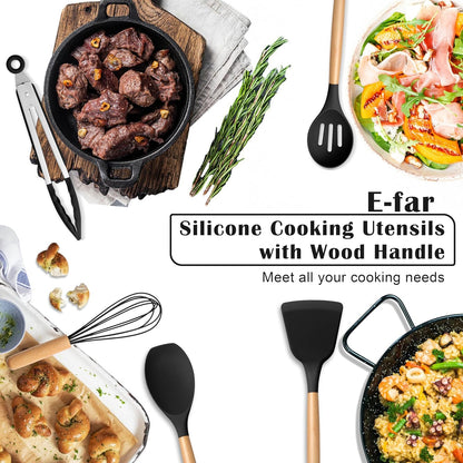 Silicone Cooking Utensils Set, 10-Piece Heat Resistant Kitchen Utensils Set with Wooden Handle for Nonstick Cookware, Kitchen Nonstick Tools Spatula Whisk Tongs Ladle, Non-toxic & Healthy(Khaki)