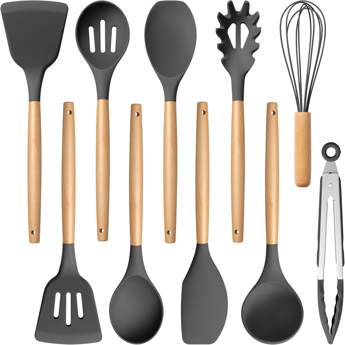 Silicone Cooking Utensils Set, 10-Piece Heat Resistant Kitchen Utensils Set with Wooden Handle for Nonstick Cookware, Kitchen Nonstick Tools Spatula Whisk Tongs Ladle, Non-toxic & Healthy(Khaki)
