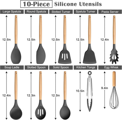 Silicone Cooking Utensils Set, 10-Piece Heat Resistant Kitchen Utensils Set with Wooden Handle for Nonstick Cookware, Kitchen Nonstick Tools Spatula Whisk Tongs Ladle, Non-toxic & Healthy(Khaki)