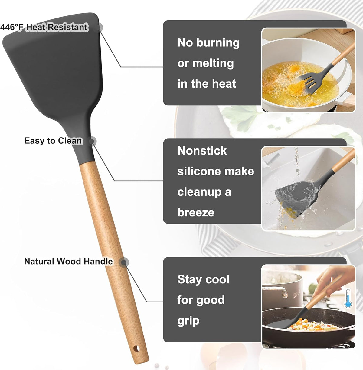 Silicone Cooking Utensils Set, 10-Piece Heat Resistant Kitchen Utensils Set with Wooden Handle for Nonstick Cookware, Kitchen Nonstick Tools Spatula Whisk Tongs Ladle, Non-toxic & Healthy(Khaki)