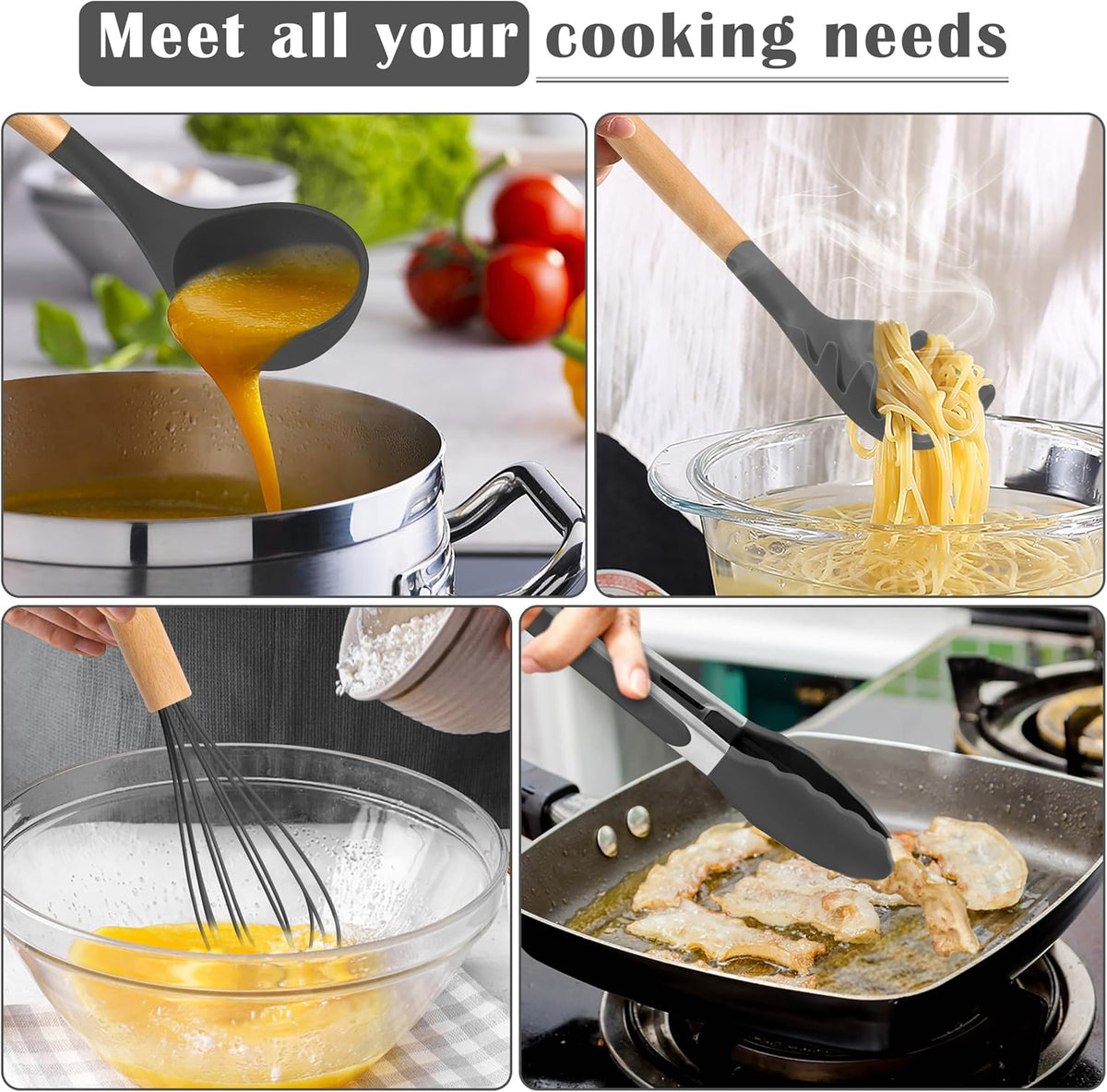 Silicone Cooking Utensils Set, 10-Piece Heat Resistant Kitchen Utensils Set with Wooden Handle for Nonstick Cookware, Kitchen Nonstick Tools Spatula Whisk Tongs Ladle, Non-toxic & Healthy(Khaki)