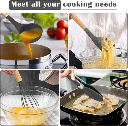 Silicone Cooking Utensils Set, 10-Piece Heat Resistant Kitchen Utensils Set with Wooden Handle for Nonstick Cookware, Kitchen Nonstick Tools Spatula Whisk Tongs Ladle, Non-toxic & Healthy(Khaki)