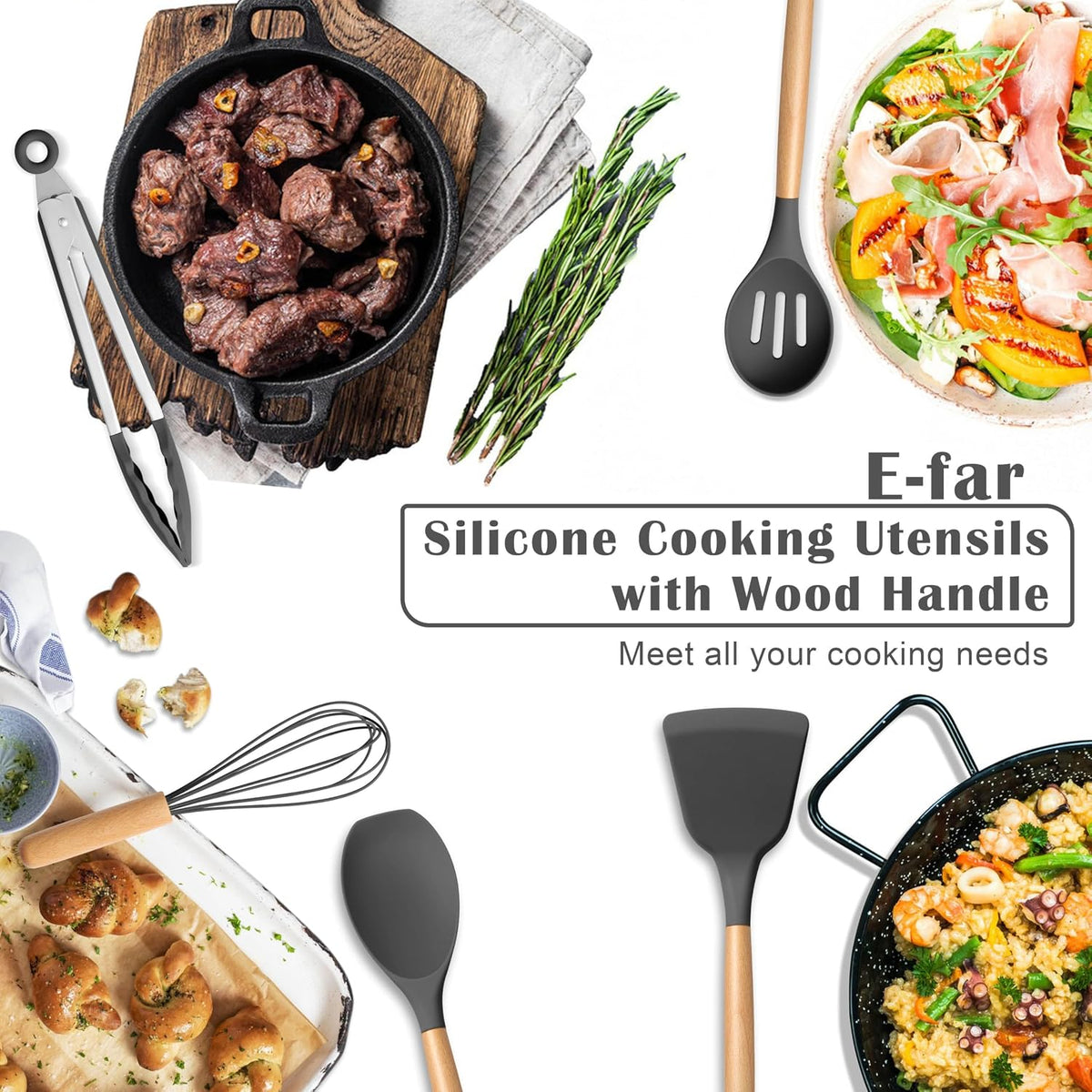 Silicone Cooking Utensils Set, 10-Piece Heat Resistant Kitchen Utensils Set with Wooden Handle for Nonstick Cookware, Kitchen Nonstick Tools Spatula Whisk Tongs Ladle, Non-toxic & Healthy(Khaki)