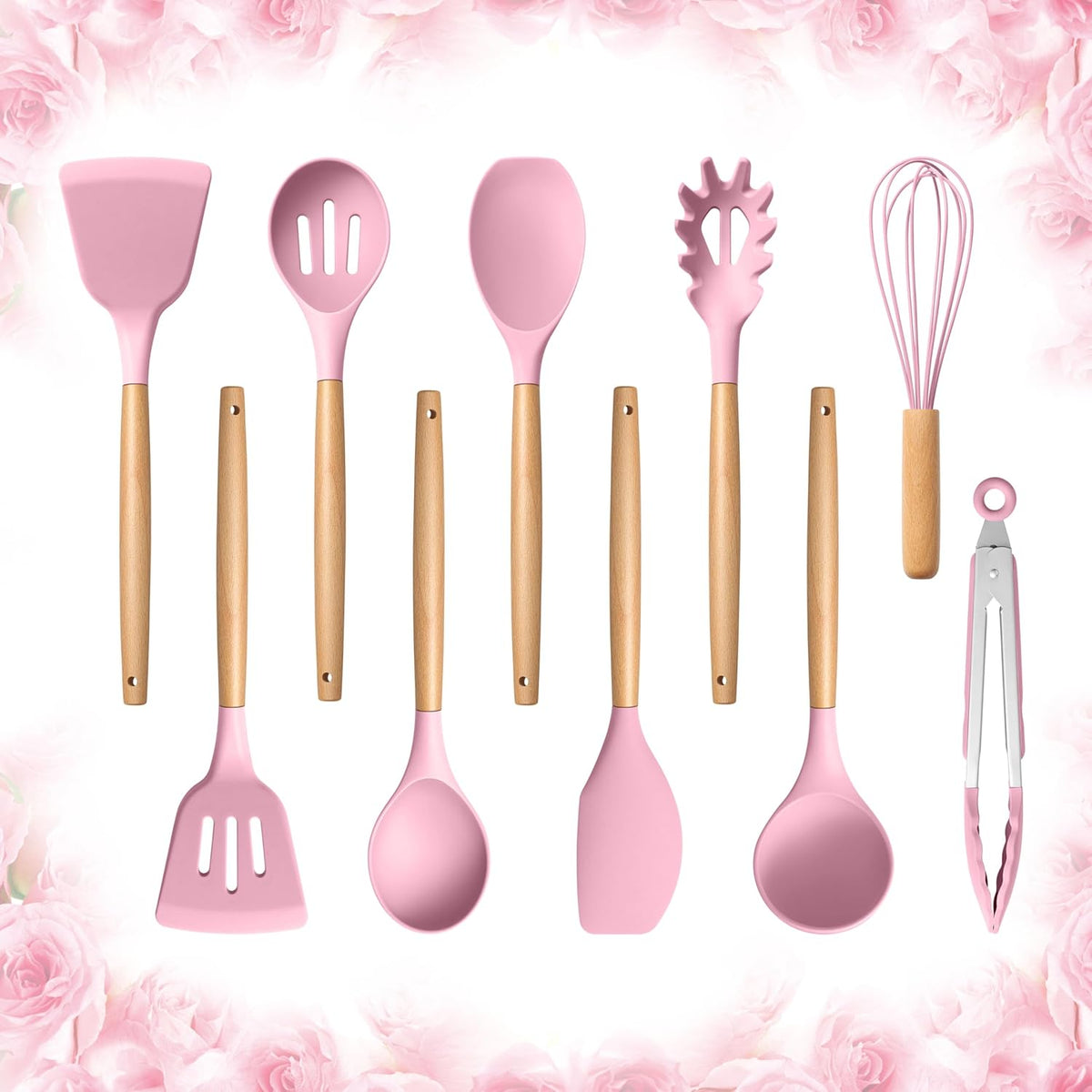 Silicone Cooking Utensils Set, 10-Piece Heat Resistant Kitchen Utensils Set with Wooden Handle for Nonstick Cookware, Kitchen Nonstick Tools Spatula Whisk Tongs Ladle, Non-toxic & Healthy(Khaki)