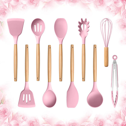 Silicone Cooking Utensils Set, 10-Piece Heat Resistant Kitchen Utensils Set with Wooden Handle for Nonstick Cookware, Kitchen Nonstick Tools Spatula Whisk Tongs Ladle, Non-toxic & Healthy(Khaki)