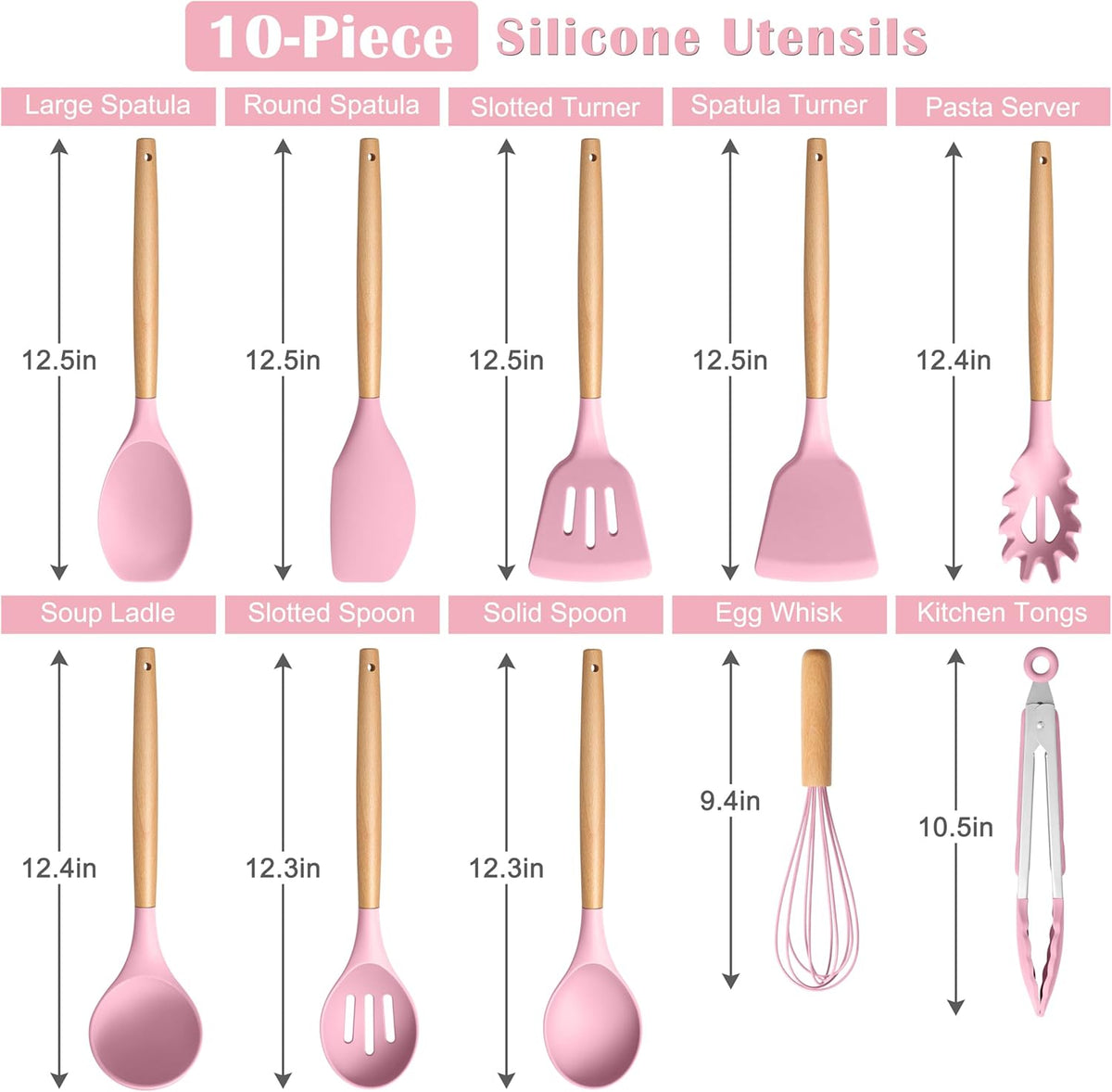 Silicone Cooking Utensils Set, 10-Piece Heat Resistant Kitchen Utensils Set with Wooden Handle for Nonstick Cookware, Kitchen Nonstick Tools Spatula Whisk Tongs Ladle, Non-toxic & Healthy(Khaki)