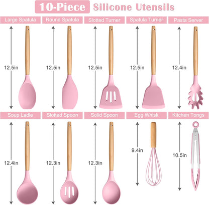 Silicone Cooking Utensils Set, 10-Piece Heat Resistant Kitchen Utensils Set with Wooden Handle for Nonstick Cookware, Kitchen Nonstick Tools Spatula Whisk Tongs Ladle, Non-toxic & Healthy(Khaki)