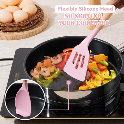 Silicone Cooking Utensils Set, 10-Piece Heat Resistant Kitchen Utensils Set with Wooden Handle for Nonstick Cookware, Kitchen Nonstick Tools Spatula Whisk Tongs Ladle, Non-toxic & Healthy(Khaki)