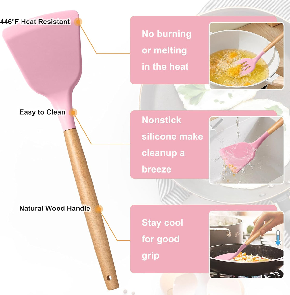 Silicone Cooking Utensils Set, 10-Piece Heat Resistant Kitchen Utensils Set with Wooden Handle for Nonstick Cookware, Kitchen Nonstick Tools Spatula Whisk Tongs Ladle, Non-toxic & Healthy(Khaki)