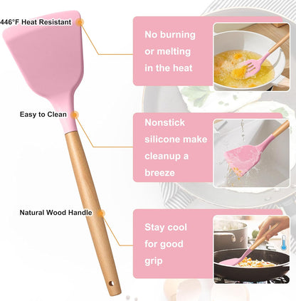 Silicone Cooking Utensils Set, 10-Piece Heat Resistant Kitchen Utensils Set with Wooden Handle for Nonstick Cookware, Kitchen Nonstick Tools Spatula Whisk Tongs Ladle, Non-toxic & Healthy(Khaki)