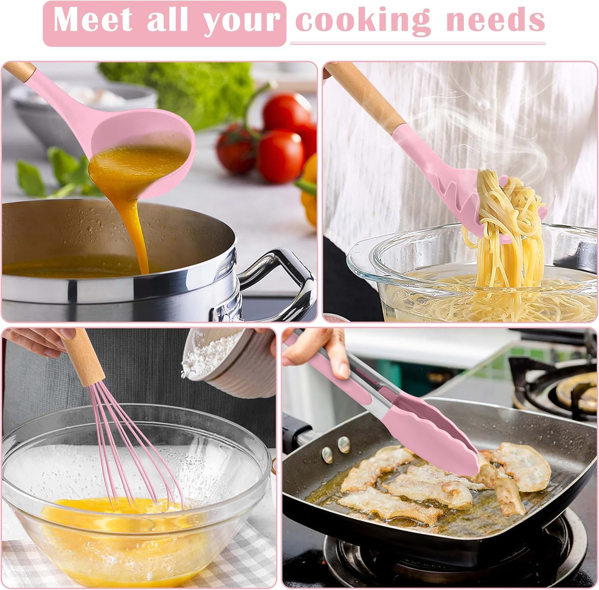 Silicone Cooking Utensils Set, 10-Piece Heat Resistant Kitchen Utensils Set with Wooden Handle for Nonstick Cookware, Kitchen Nonstick Tools Spatula Whisk Tongs Ladle, Non-toxic & Healthy(Khaki)