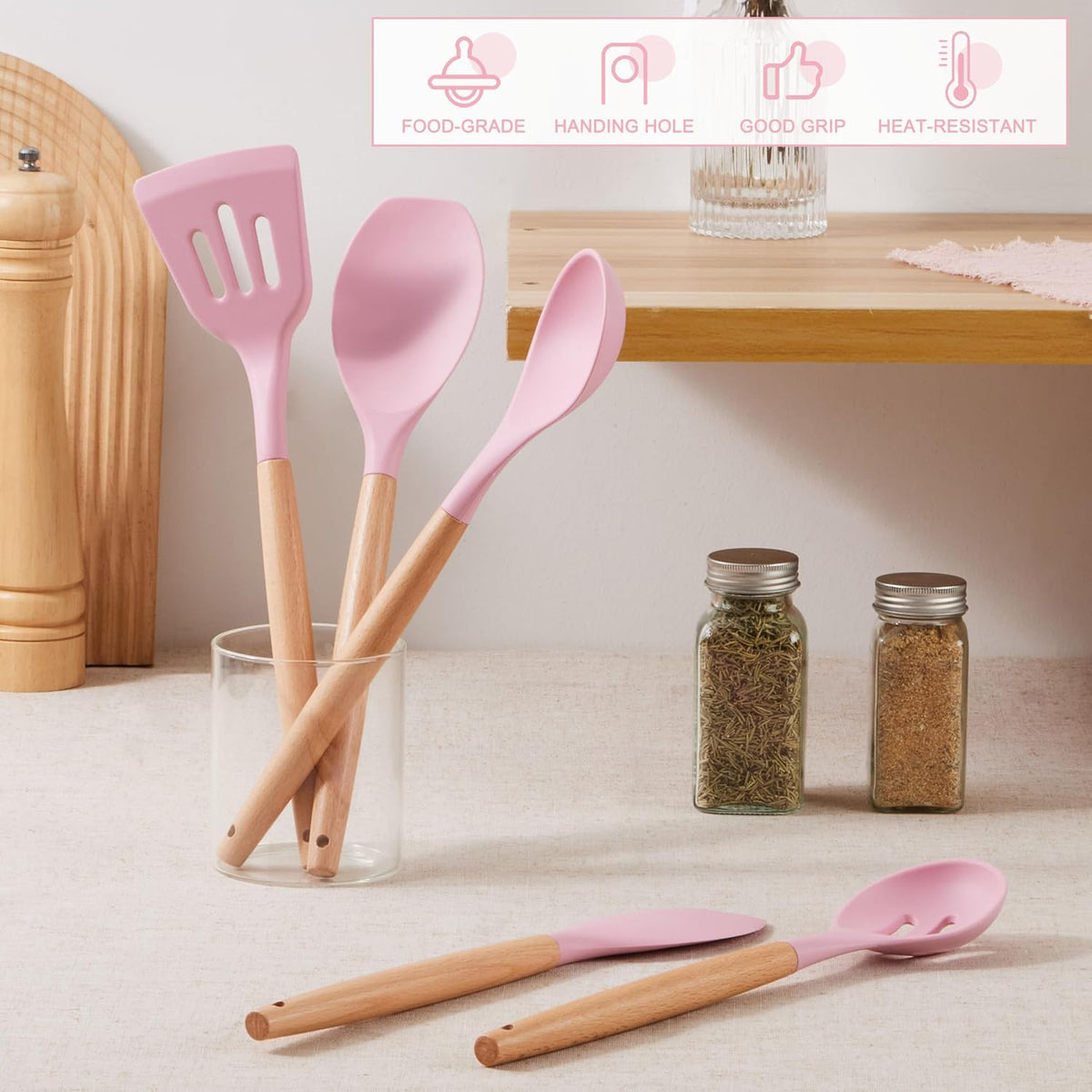 Silicone Cooking Utensils Set, 10-Piece Heat Resistant Kitchen Utensils Set with Wooden Handle for Nonstick Cookware, Kitchen Nonstick Tools Spatula Whisk Tongs Ladle, Non-toxic & Healthy(Khaki)