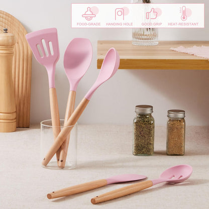 Silicone Cooking Utensils Set, 10-Piece Heat Resistant Kitchen Utensils Set with Wooden Handle for Nonstick Cookware, Kitchen Nonstick Tools Spatula Whisk Tongs Ladle, Non-toxic & Healthy(Khaki)