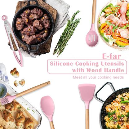 Silicone Cooking Utensils Set, 10-Piece Heat Resistant Kitchen Utensils Set with Wooden Handle for Nonstick Cookware, Kitchen Nonstick Tools Spatula Whisk Tongs Ladle, Non-toxic & Healthy(Khaki)