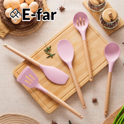Silicone Cooking Utensils Set, 10-Piece Heat Resistant Kitchen Utensils Set with Wooden Handle for Nonstick Cookware, Kitchen Nonstick Tools Spatula Whisk Tongs Ladle, Non-toxic & Healthy(Khaki)