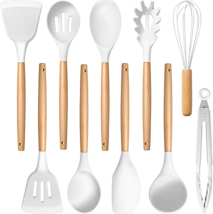 Silicone Cooking Utensils Set, 10-Piece Heat Resistant Kitchen Utensils Set with Wooden Handle for Nonstick Cookware, Kitchen Nonstick Tools Spatula Whisk Tongs Ladle, Non-toxic & Healthy(Khaki)