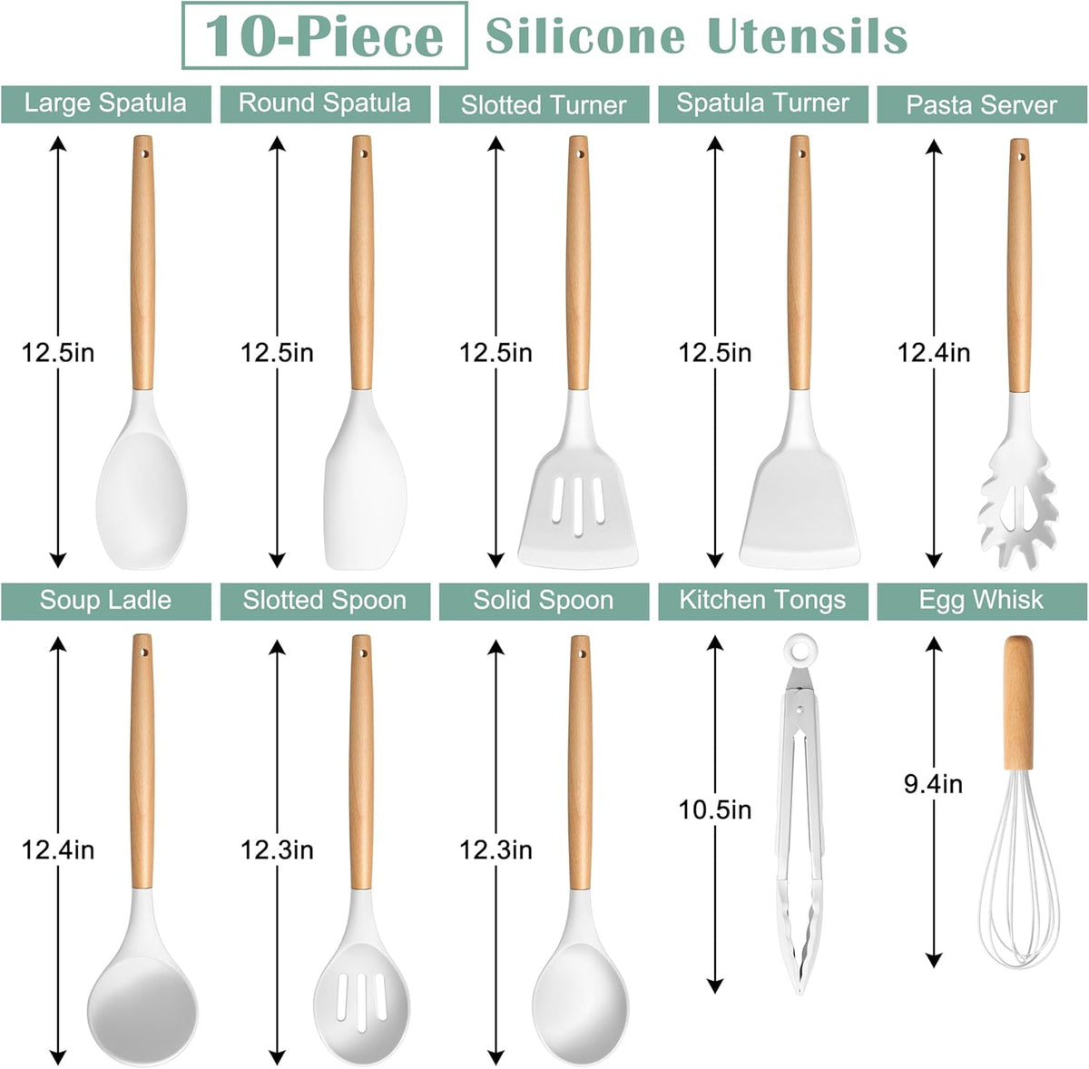 Silicone Cooking Utensils Set, 10-Piece Heat Resistant Kitchen Utensils Set with Wooden Handle for Nonstick Cookware, Kitchen Nonstick Tools Spatula Whisk Tongs Ladle, Non-toxic & Healthy(Khaki)
