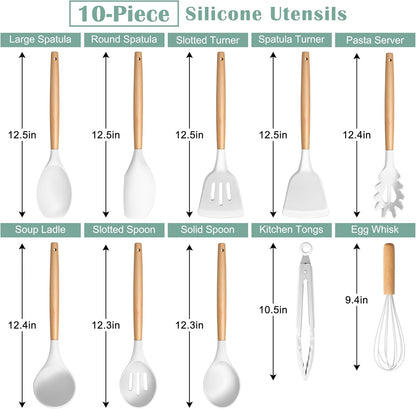 Silicone Cooking Utensils Set, 10-Piece Heat Resistant Kitchen Utensils Set with Wooden Handle for Nonstick Cookware, Kitchen Nonstick Tools Spatula Whisk Tongs Ladle, Non-toxic & Healthy(Khaki)