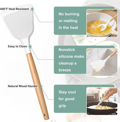 Silicone Cooking Utensils Set, 10-Piece Heat Resistant Kitchen Utensils Set with Wooden Handle for Nonstick Cookware, Kitchen Nonstick Tools Spatula Whisk Tongs Ladle, Non-toxic & Healthy(Khaki)