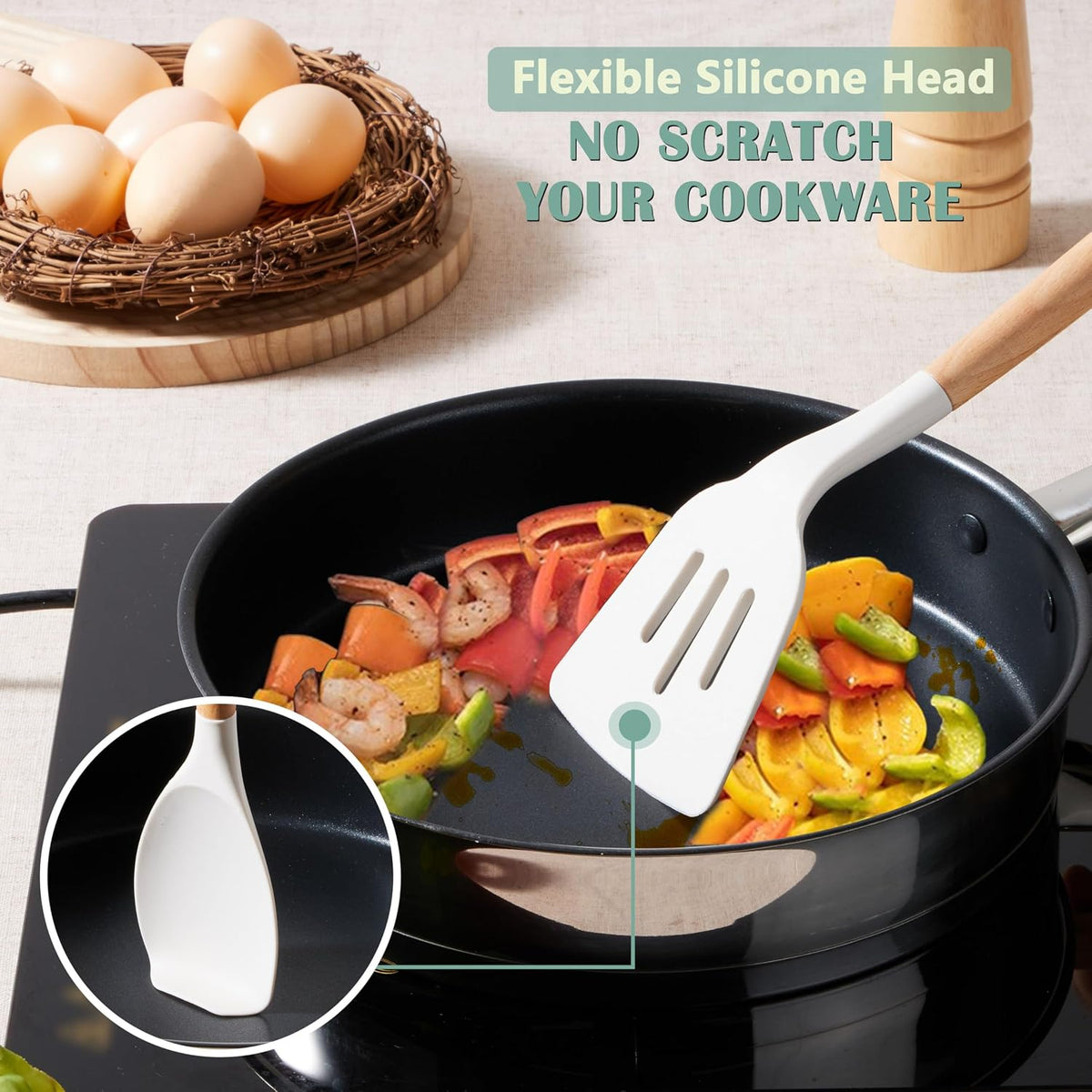 Silicone Cooking Utensils Set, 10-Piece Heat Resistant Kitchen Utensils Set with Wooden Handle for Nonstick Cookware, Kitchen Nonstick Tools Spatula Whisk Tongs Ladle, Non-toxic & Healthy(Khaki)