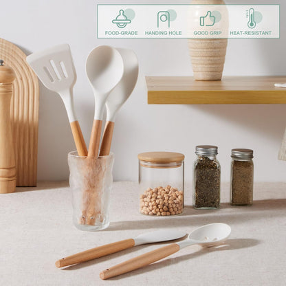 Silicone Cooking Utensils Set, 10-Piece Heat Resistant Kitchen Utensils Set with Wooden Handle for Nonstick Cookware, Kitchen Nonstick Tools Spatula Whisk Tongs Ladle, Non-toxic & Healthy(Khaki)