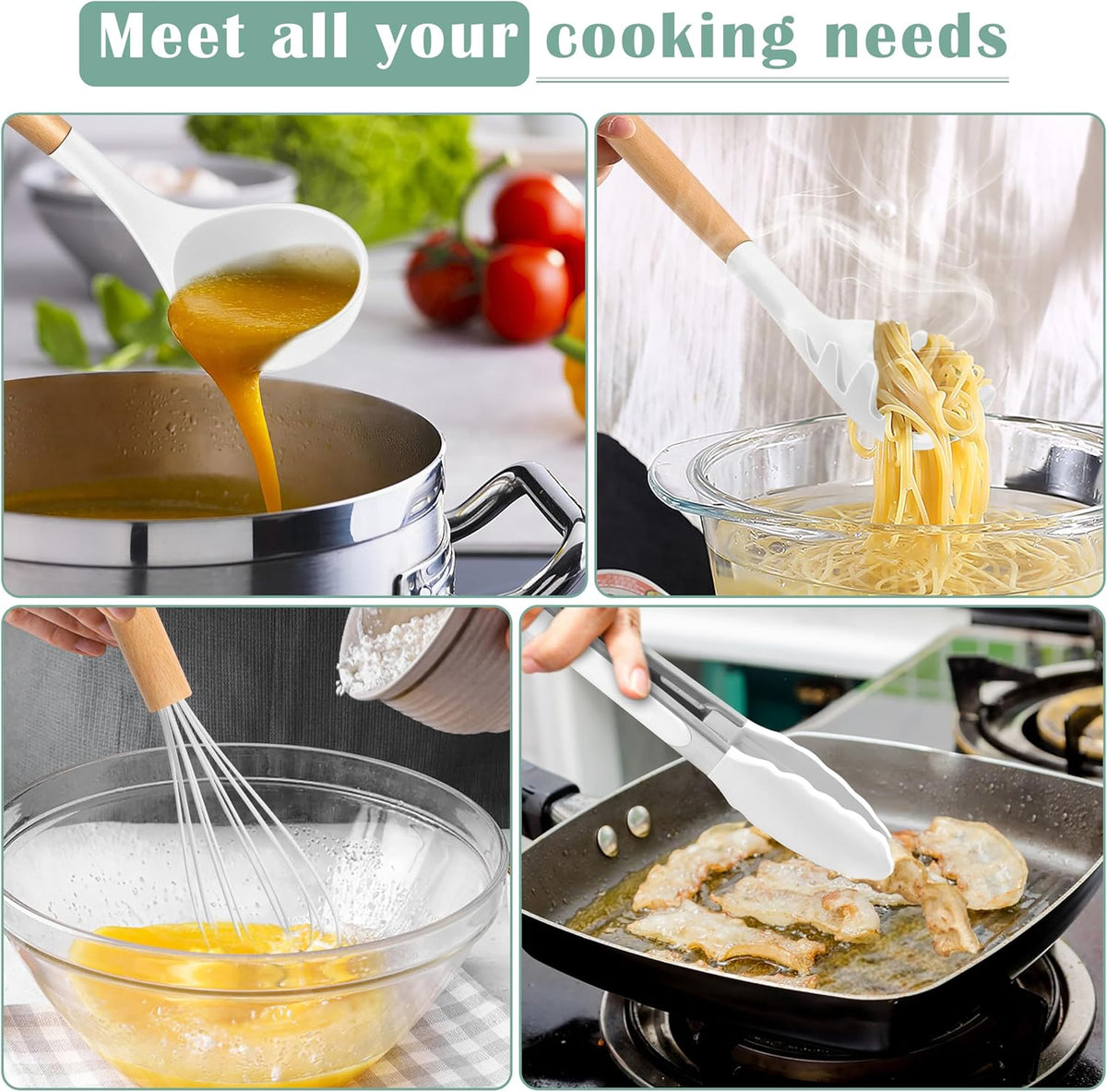 Silicone Cooking Utensils Set, 10-Piece Heat Resistant Kitchen Utensils Set with Wooden Handle for Nonstick Cookware, Kitchen Nonstick Tools Spatula Whisk Tongs Ladle, Non-toxic & Healthy(Khaki)