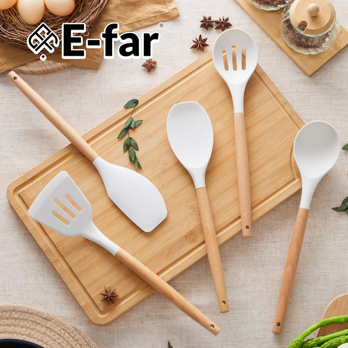 Silicone Cooking Utensils Set, 10-Piece Heat Resistant Kitchen Utensils Set with Wooden Handle for Nonstick Cookware, Kitchen Nonstick Tools Spatula Whisk Tongs Ladle, Non-toxic & Healthy(Khaki)