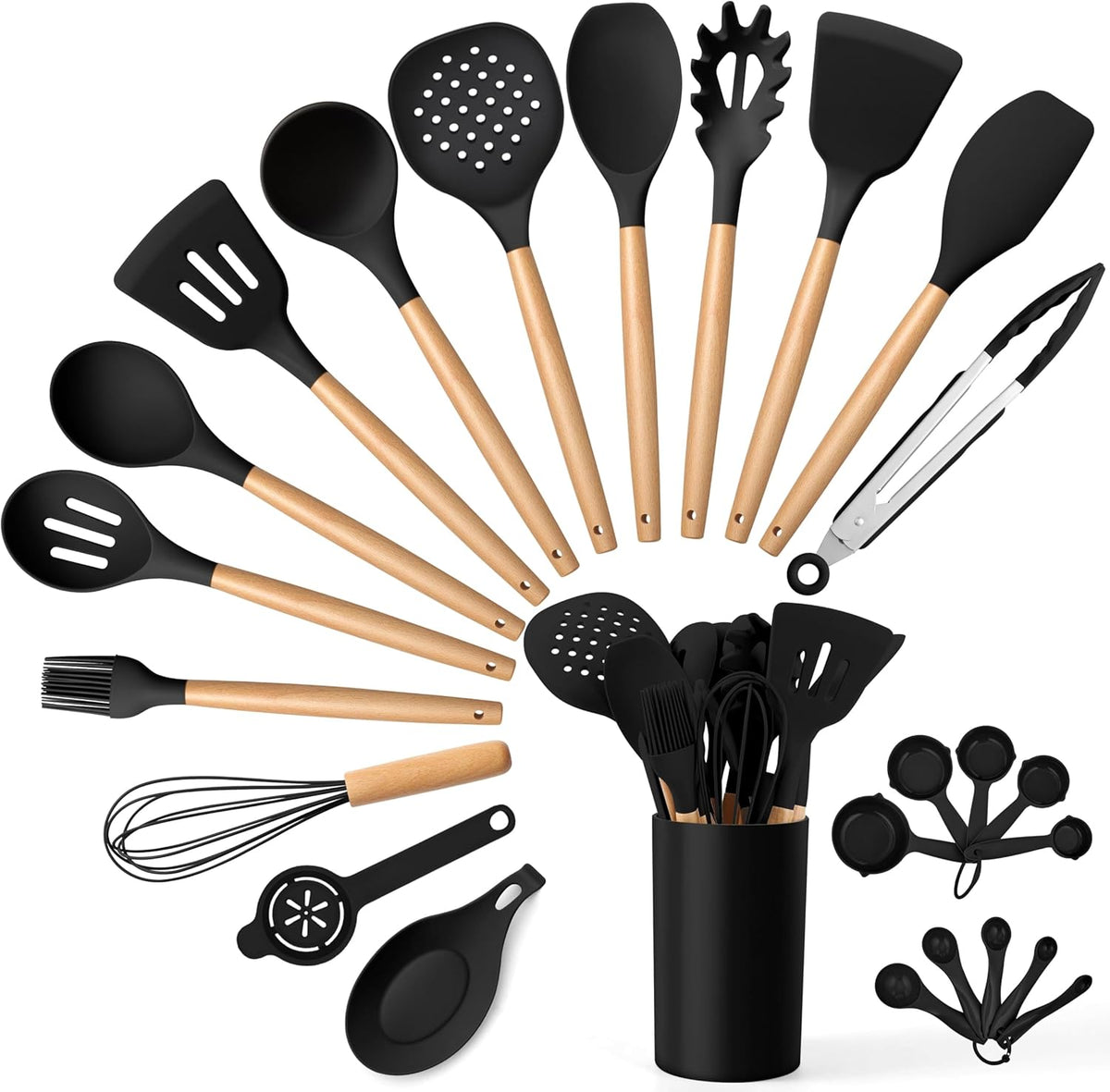 Silicone Cooking Utensils Set, 10-Piece Heat Resistant Kitchen Utensils Set with Wooden Handle for Nonstick Cookware, Kitchen Nonstick Tools Spatula Whisk Tongs Ladle, Non-toxic & Healthy(Khaki)