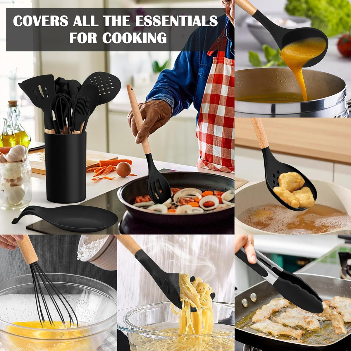 Silicone Cooking Utensils Set, 10-Piece Heat Resistant Kitchen Utensils Set with Wooden Handle for Nonstick Cookware, Kitchen Nonstick Tools Spatula Whisk Tongs Ladle, Non-toxic & Healthy(Khaki)