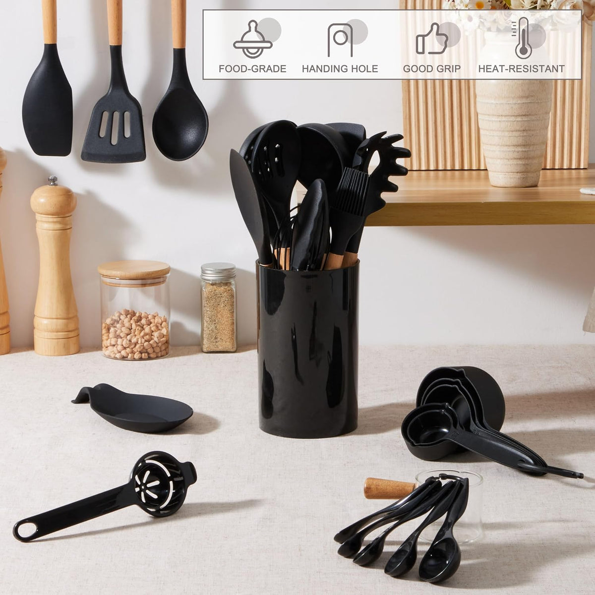 Silicone Cooking Utensils Set, 10-Piece Heat Resistant Kitchen Utensils Set with Wooden Handle for Nonstick Cookware, Kitchen Nonstick Tools Spatula Whisk Tongs Ladle, Non-toxic & Healthy(Khaki)