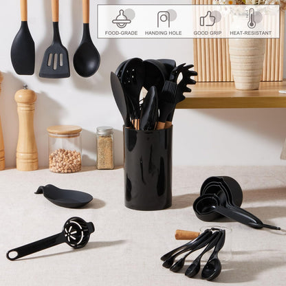 Silicone Cooking Utensils Set, 10-Piece Heat Resistant Kitchen Utensils Set with Wooden Handle for Nonstick Cookware, Kitchen Nonstick Tools Spatula Whisk Tongs Ladle, Non-toxic & Healthy(Khaki)