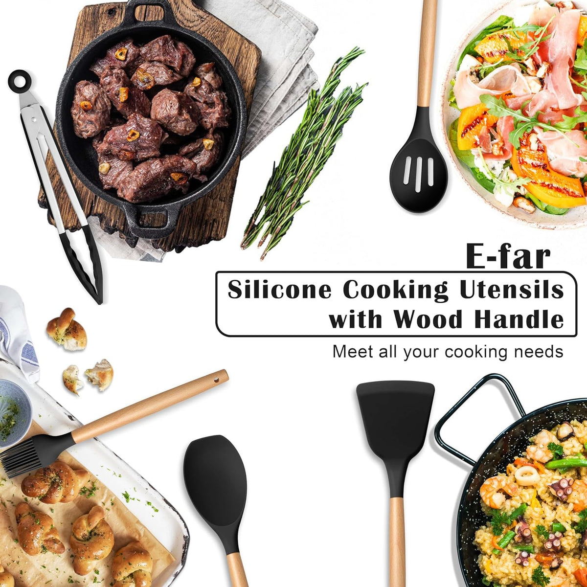 Silicone Cooking Utensils Set, 10-Piece Heat Resistant Kitchen Utensils Set with Wooden Handle for Nonstick Cookware, Kitchen Nonstick Tools Spatula Whisk Tongs Ladle, Non-toxic & Healthy(Khaki)