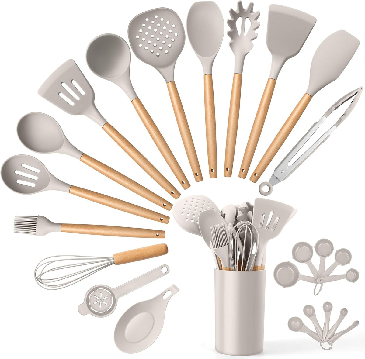 Silicone Cooking Utensils Set, 10-Piece Heat Resistant Kitchen Utensils Set with Wooden Handle for Nonstick Cookware, Kitchen Nonstick Tools Spatula Whisk Tongs Ladle, Non-toxic & Healthy(Khaki)