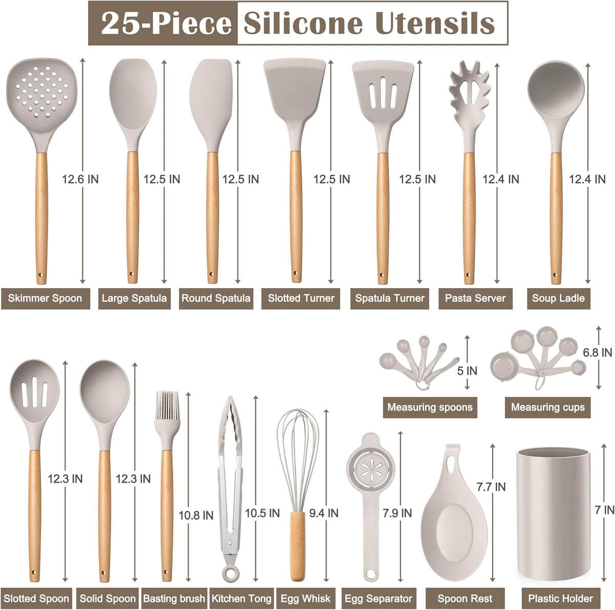 Silicone Cooking Utensils Set, 10-Piece Heat Resistant Kitchen Utensils Set with Wooden Handle for Nonstick Cookware, Kitchen Nonstick Tools Spatula Whisk Tongs Ladle, Non-toxic & Healthy(Khaki)